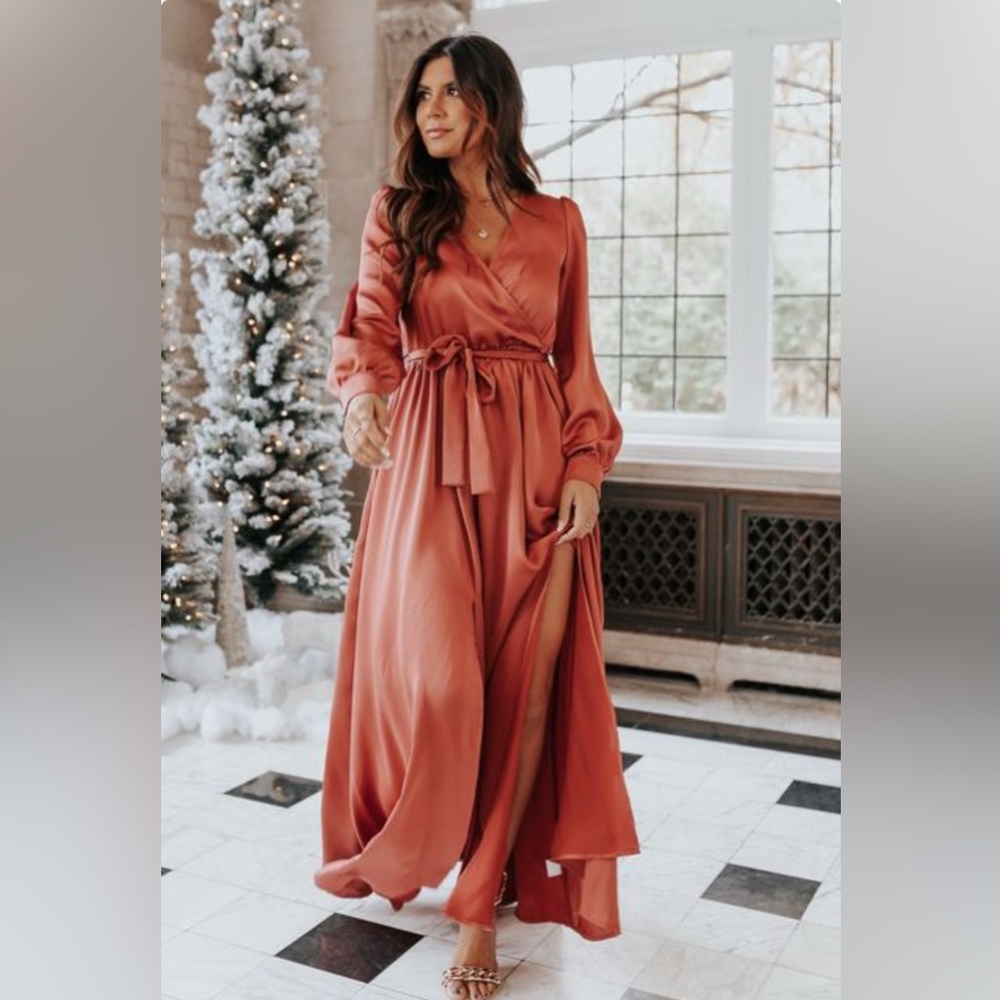 Elegant Rust/Dark Peach Colored Wrap Dress